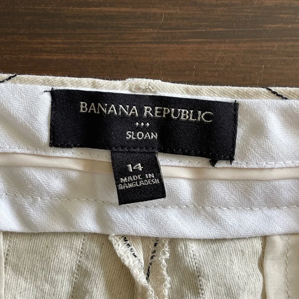Banana Republic Sloan Pinstripe Pants Womens 14 Beige Black Linen Blend Slim Leg